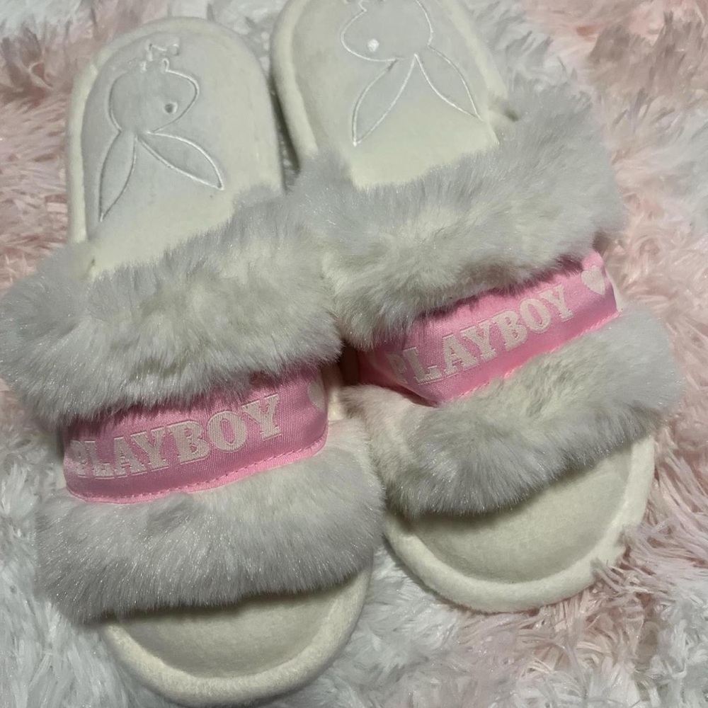 Playboy Pink and White Plush Slides